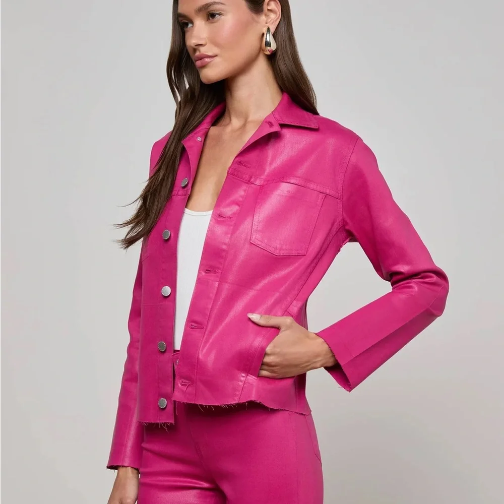 $410 NWT L’Agence Sz Large Janelle Coated Jean Jacket in Hot Neon Barbie Pink